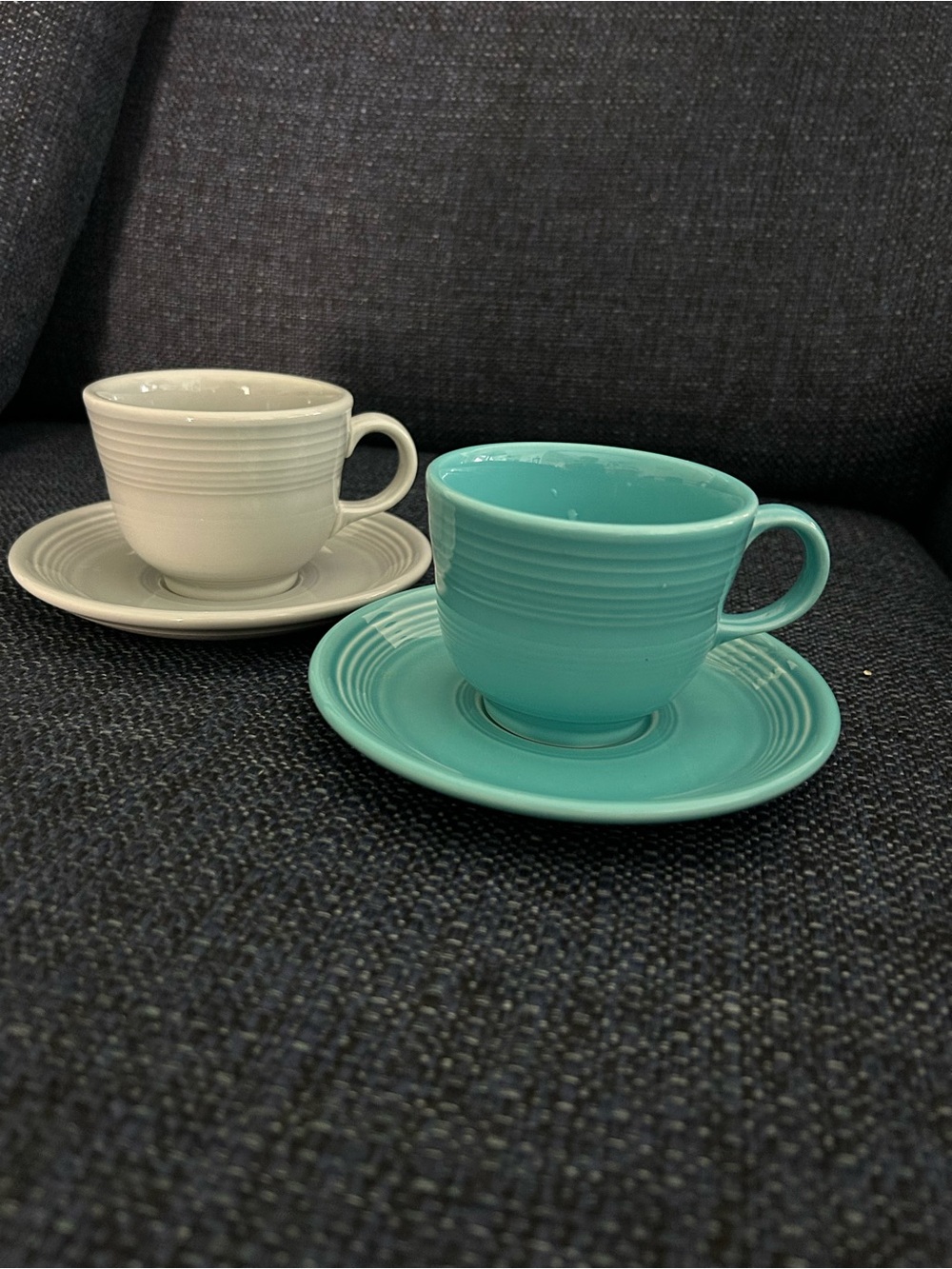 Pair of Fiesta Ceramic Teacups & Saucers - Aqua and gray